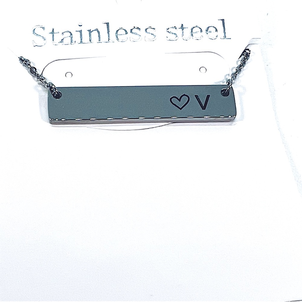 Love V Titanium Stainless Steel Custom Personalized Initial Bar Heart Necklace